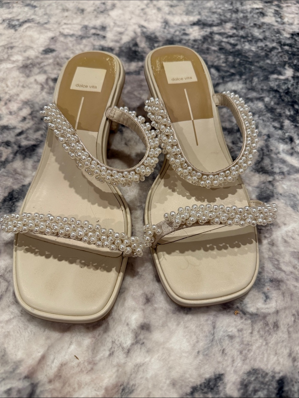 Dolce Vita Pearl-Trim Cream Strappy Slide Sandals